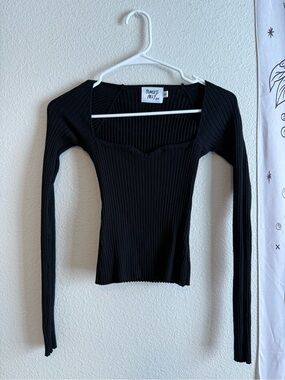 Princess Polly Black Ribbed Long Sleeve Square Neck Top - Fitted